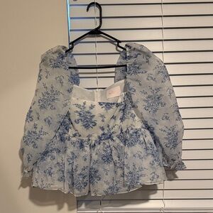 Selkie Blue Floral Puff Sleeve Peplum Top